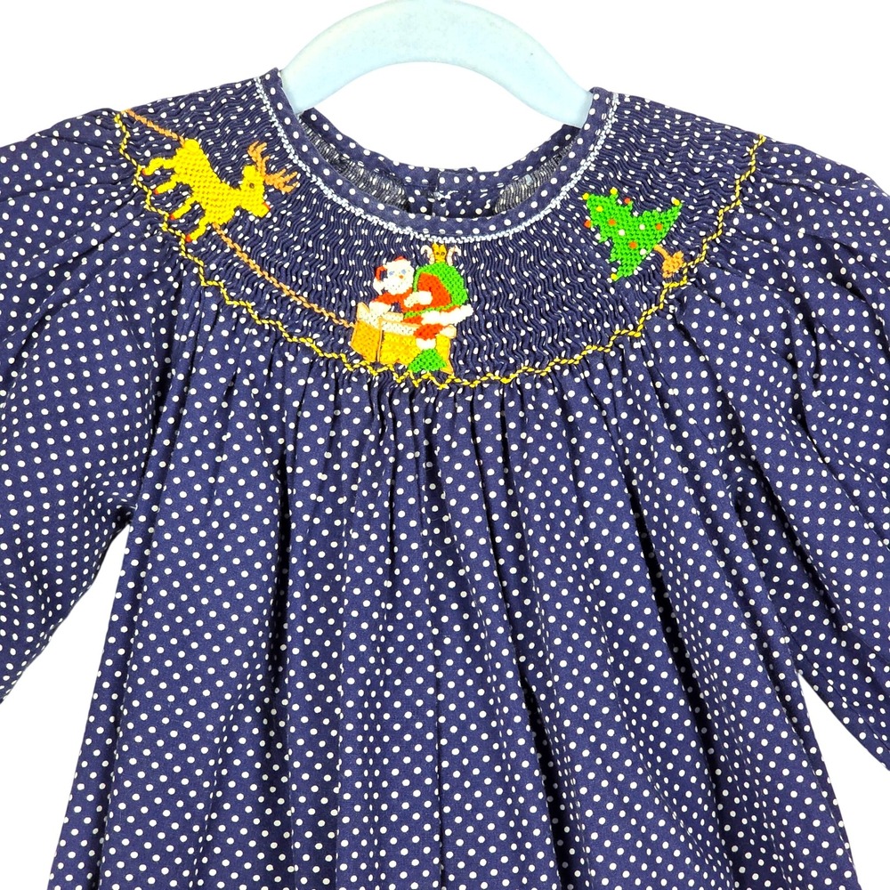 Mom & Me Girls Smocked Christmas Dress Polka Dot Santa Reindeer 18 Mos Boutique - Picture 2 of 15